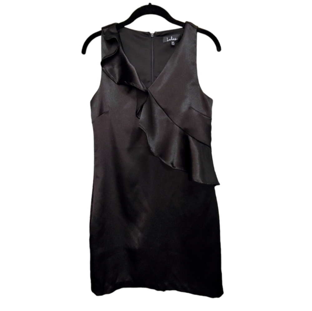 Lulu's Aubrianna Black Satin Mini Sleeveless Zip Back Ruffle Dress Women Size XS - Picture 2 of 8